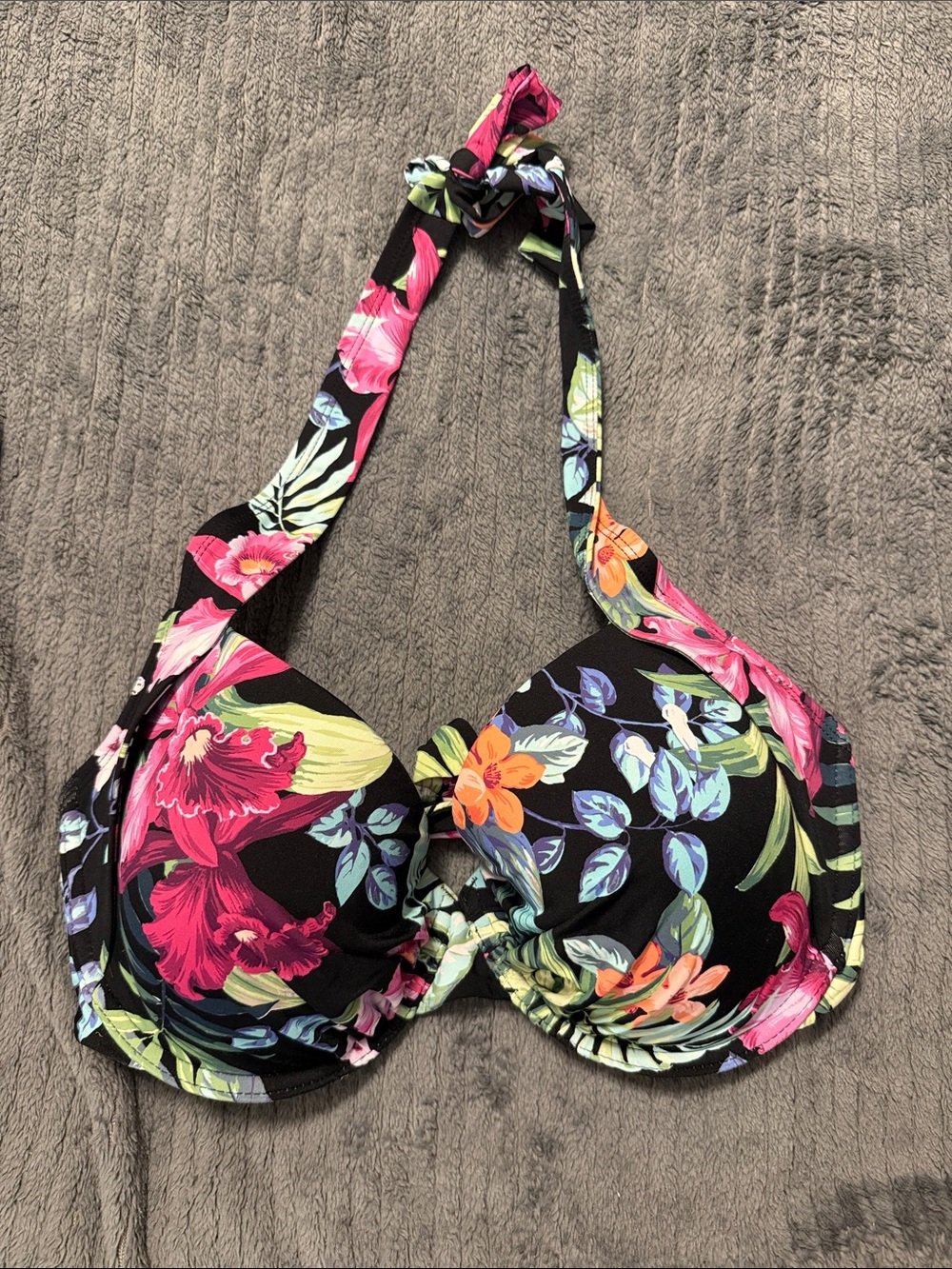 Tommy Bahama Black Floral Halter Swim Top with Pink, Orange & Green Flowers